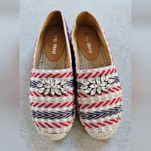 New Size 36 Miu Miu Canvas Embellished Espadrille Flats Blue Red White Sparkly